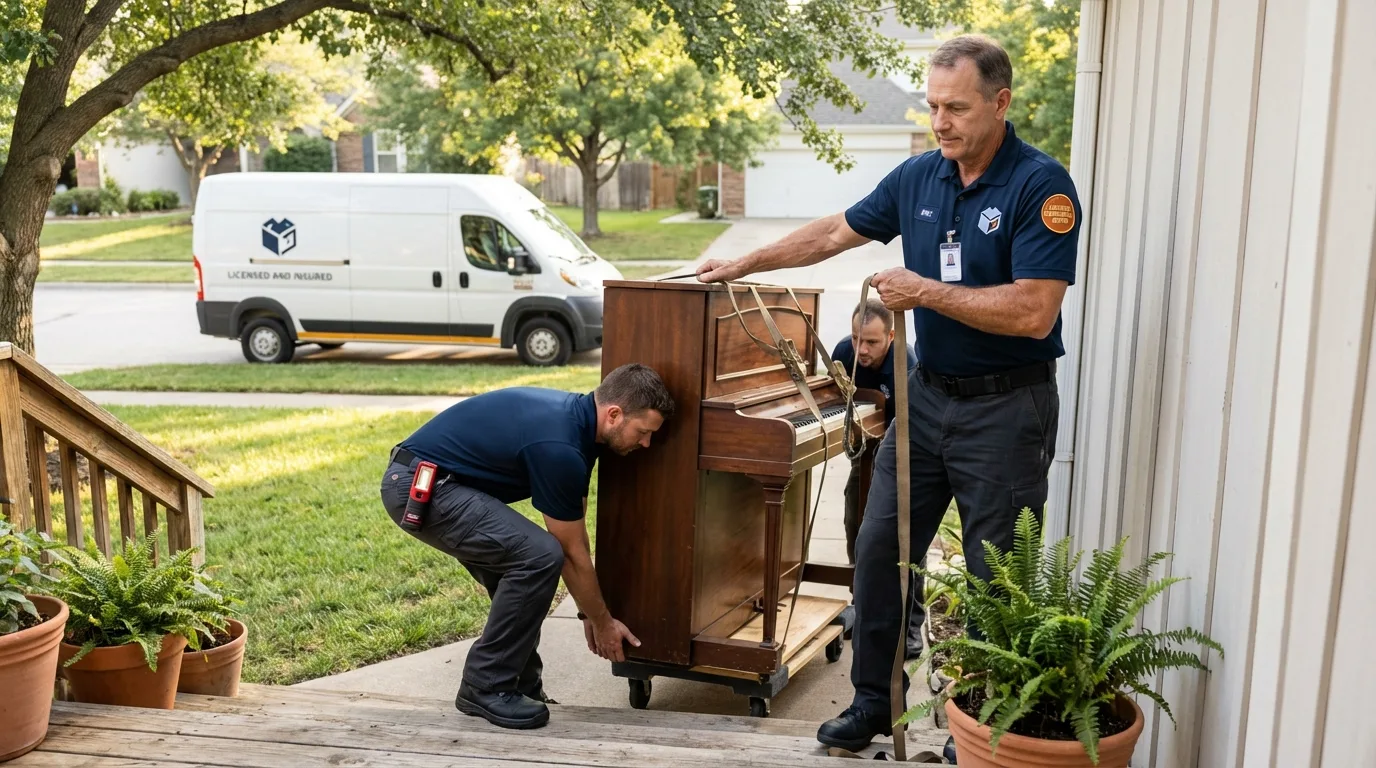 Licensed piano movers securing grand piano in Crownsville, MD