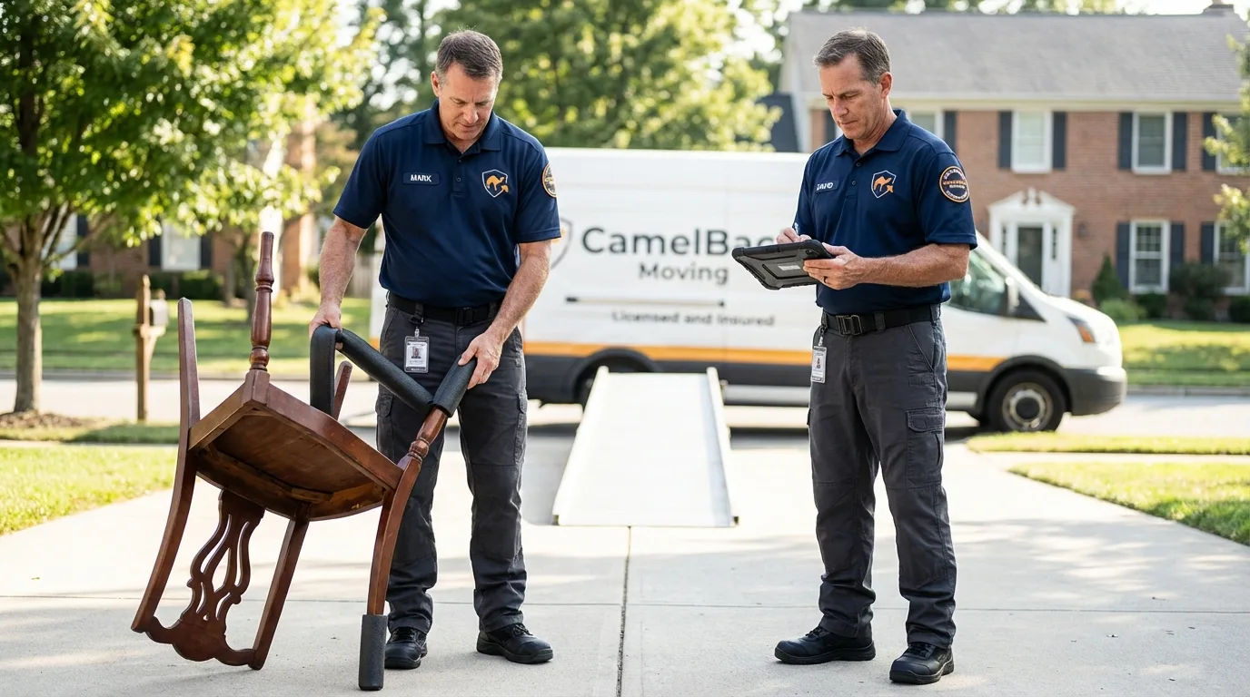 Movers inspecting furniture for damage prevention before loading in Crownsville, MD