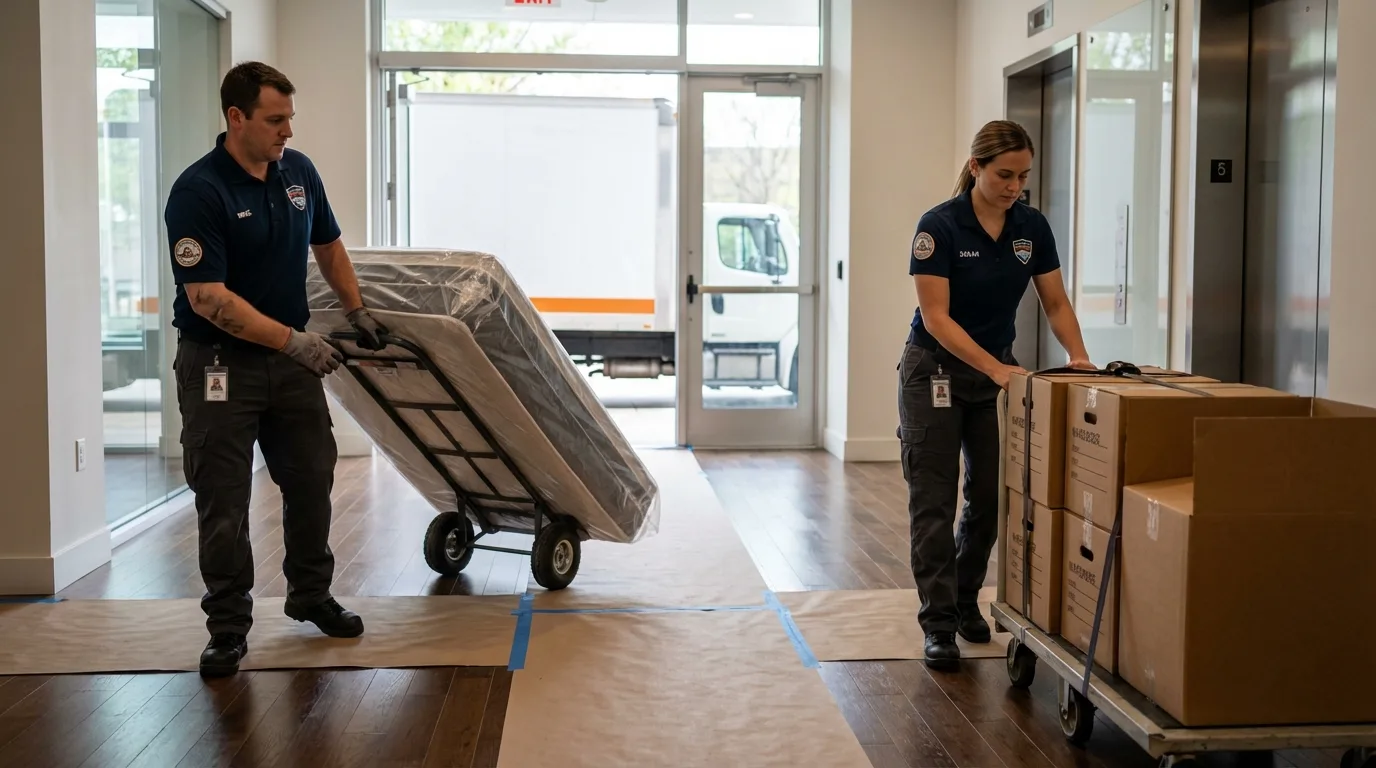 Professional apartment movers loading elevator in Crownsville, MD