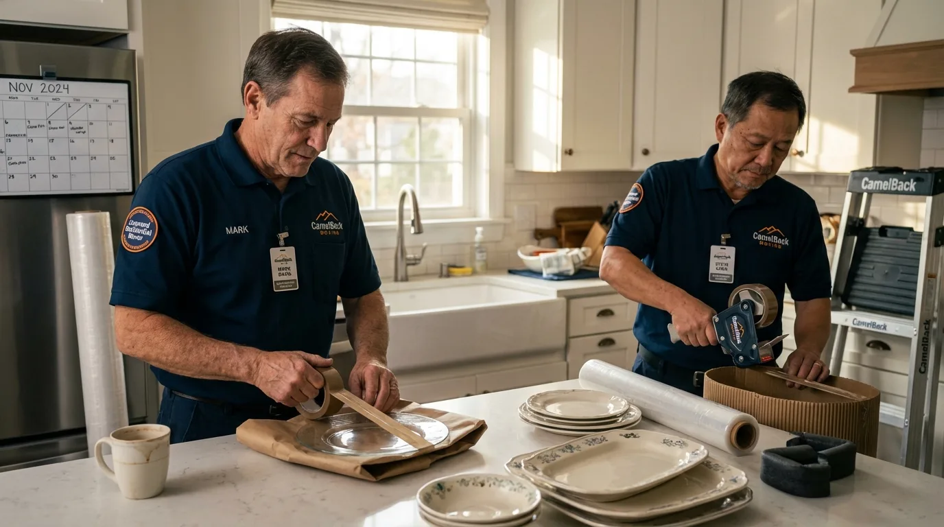 Professional crew packing kitchen dishware in Crownsville, MD